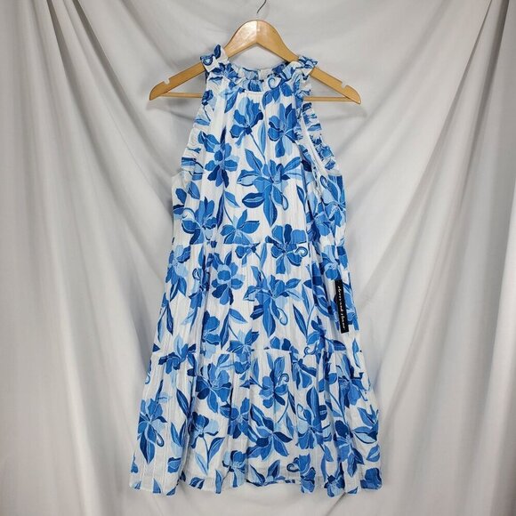 Clover And Sloane Women's Blue Fit & Flare Dress Floral Ruffle Size L (C-7) - Picture 3 of 13